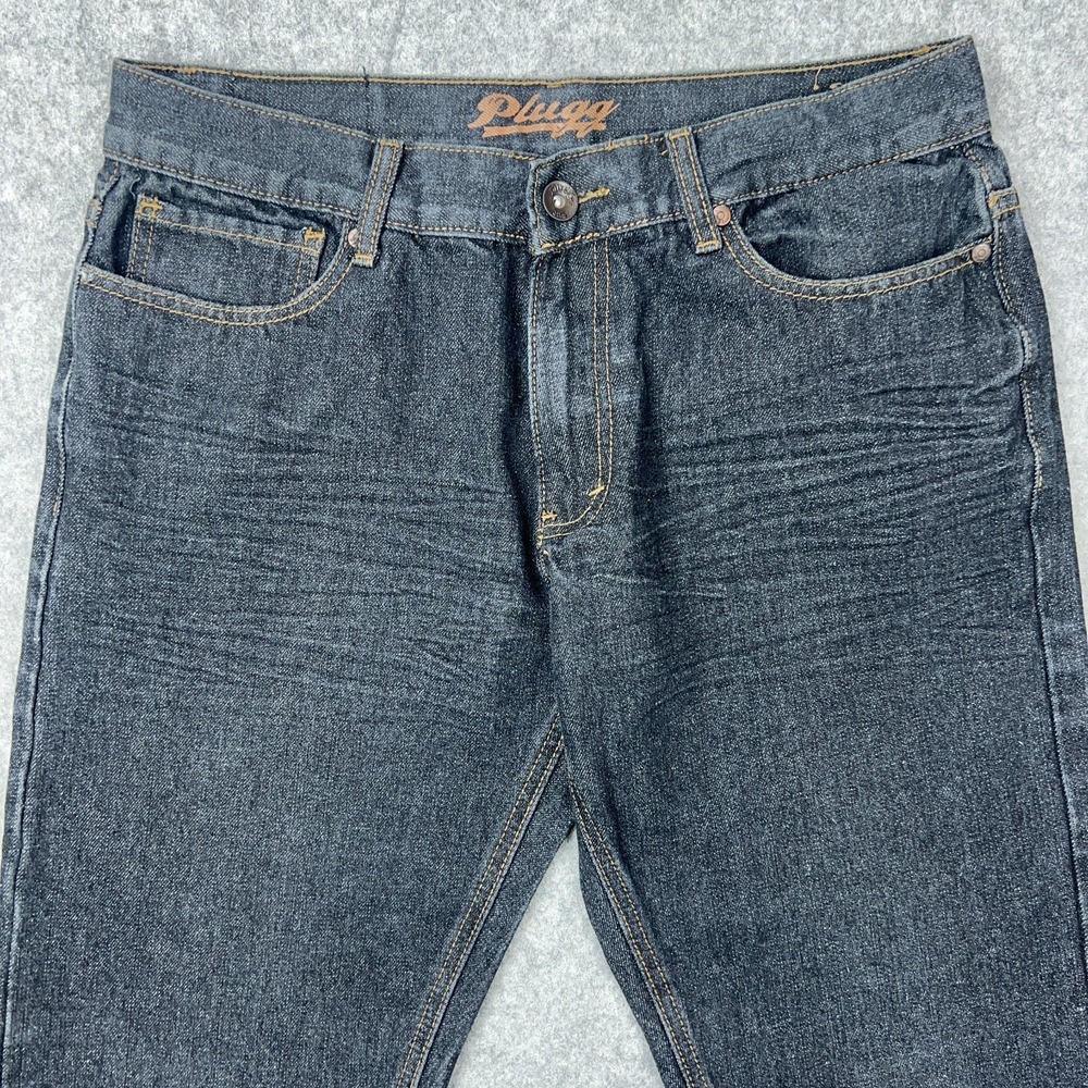 VTG Plugg Jeans Mens 32x30 Black Straight Leg Flap Pockets‎ Stretch Denim Y2K - Picture 2 of 14
